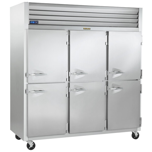 A Traulsen G Series reach-in refrigerator with two half doors.