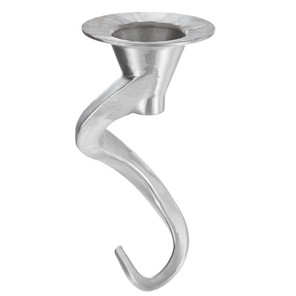 A silver Hobart spiral dough hook with a curved handle.