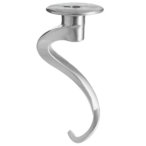 An aluminum spiral dough hook with a curved metal end and round hole.