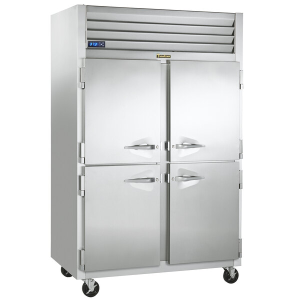 A Traulsen G Series reach-in refrigerator with two doors.