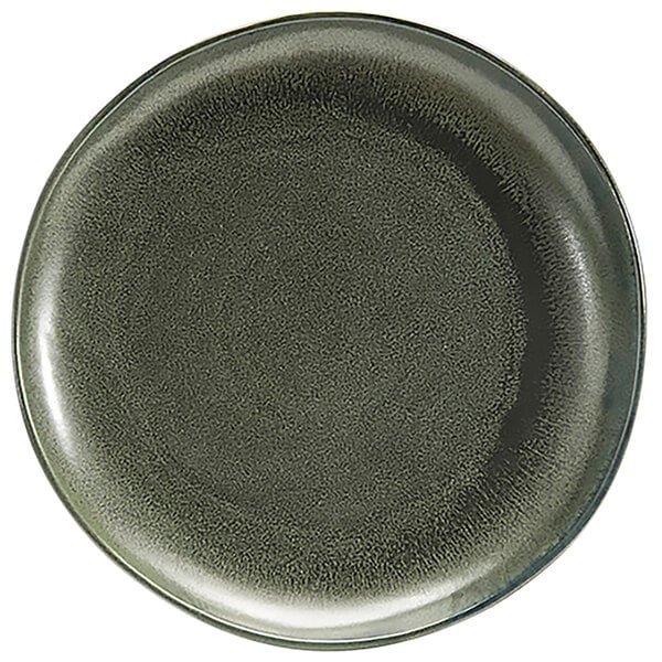 A sage porcelain plate with a gray rim.