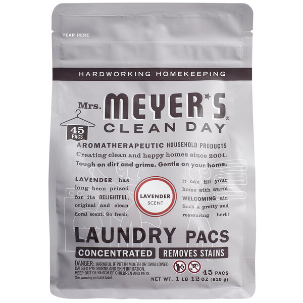 A white bag of Mrs. Meyer's Clean Day Lavender laundry detergent packs with black and red text.