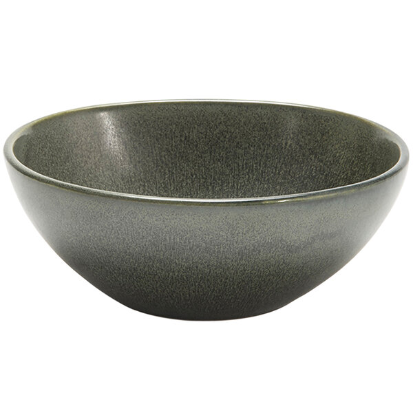A Front of the House Kiln porcelain bowl with a white background and black rim.