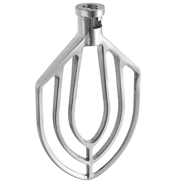 An aluminum flat beater attachment for a Hobart mixer with a white background.