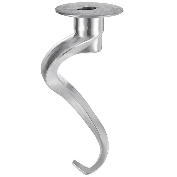 A close-up of a metal spiral dough hook with a hole in it.