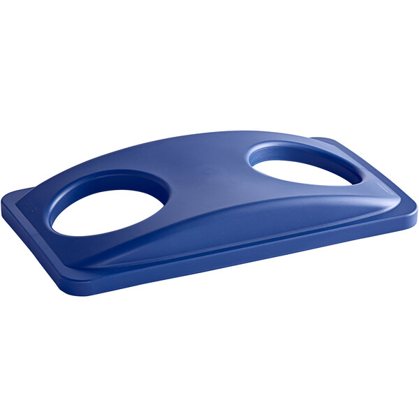 A blue plastic Carlisle Trimline rectangular recycling bin lid with two holes.