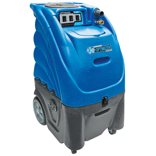 A blue and black Sandia OPTIMIZER 2-Stage carpet extractor machine with wheels.