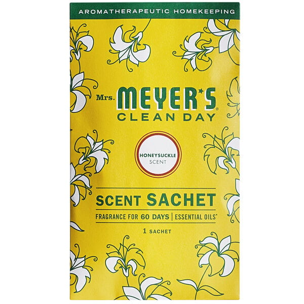 A yellow Mrs. Meyer's Clean Day sachet package with white and green flowers on it.