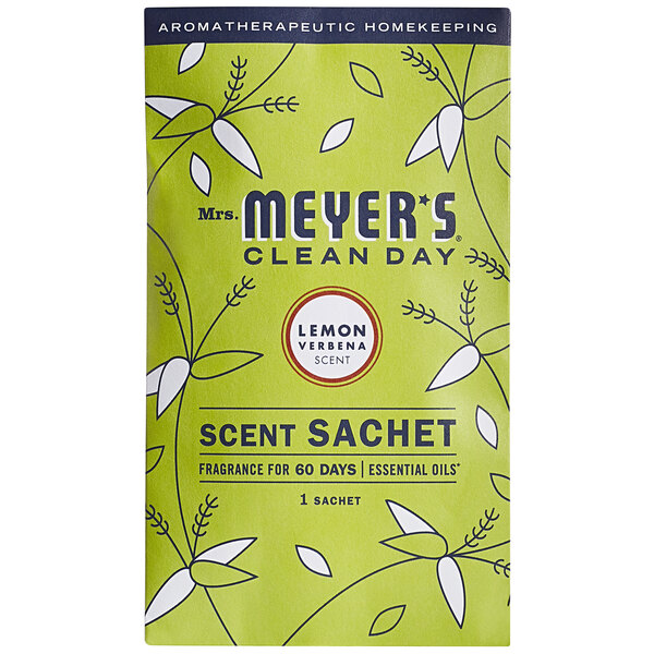 A green Mrs. Meyer's Clean Day Lemon Verbena deodorizing scent sachet package with white and black text.