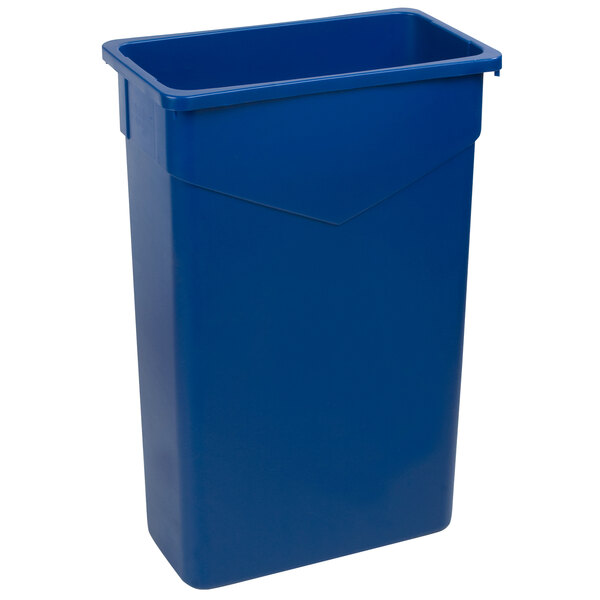 A blue plastic Carlisle Trimline rectangular trash can with a lid.