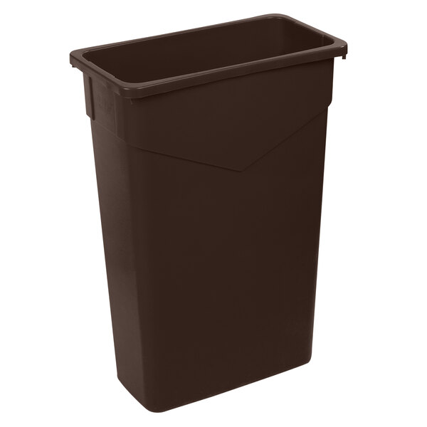A brown Carlisle Trimline rectangular plastic trash can with a lid.