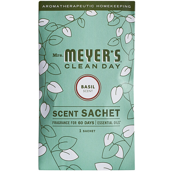 A package of 18 green and white Mrs. Meyer's Clean Day basil sachets with white leaves.