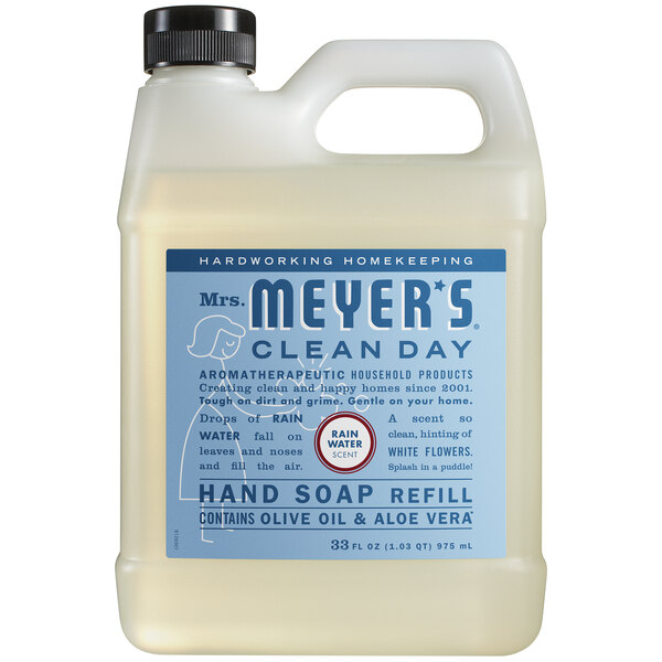 A white jug of Mrs. Meyer's Clean Day Rainwater Scented Hand Soap with a blue label.