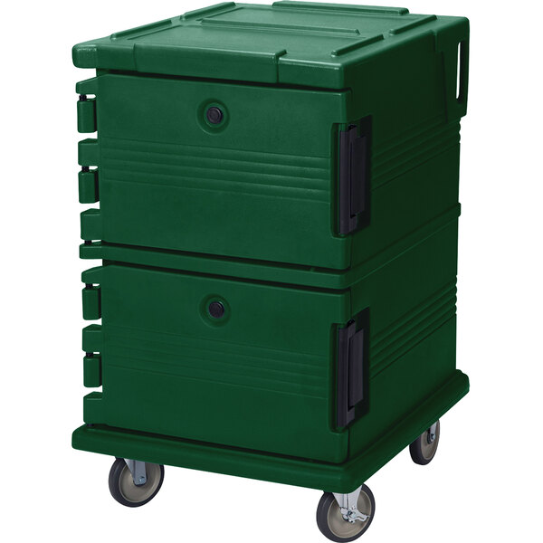 A Kentucky green Cambro Ultra Camcart for food pans on wheels.