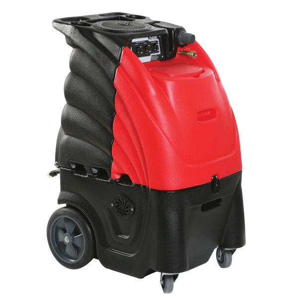 A red and black Sandia carpet extractor with wheels.