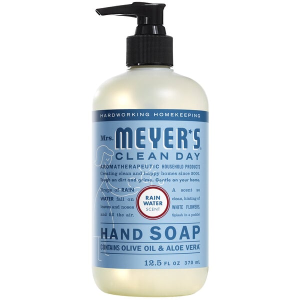 A case of 6 Mrs. Meyer's Clean Day Rainwater scented liquid hand soap with pumps on a counter.