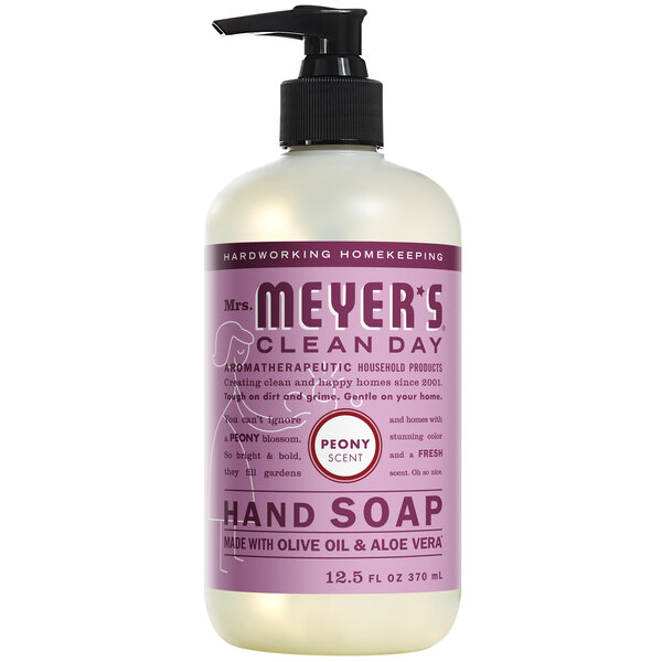 A Mrs. Meyer's Clean Day Peony scented liquid hand soap bottle with a pump.