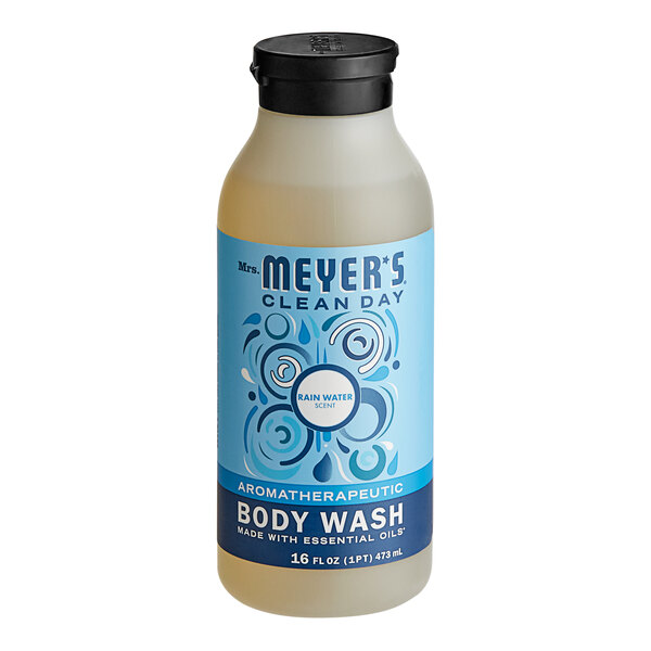 A case of Mrs. Meyer's Rainwater Body Wash with a blue label.
