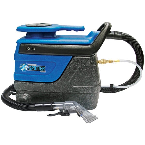 A blue and black Sandia spot extractor with a hose and clear view upholstery tool.