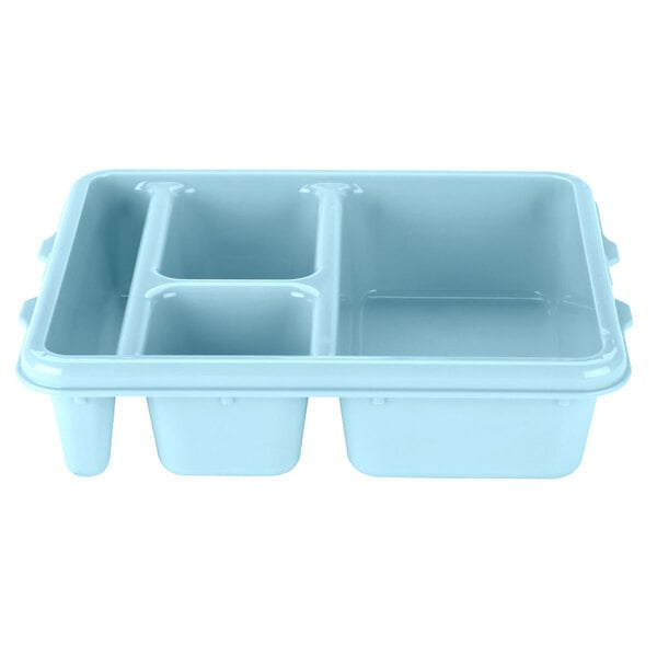 A teal blue rectangular plastic tray with four compartments.