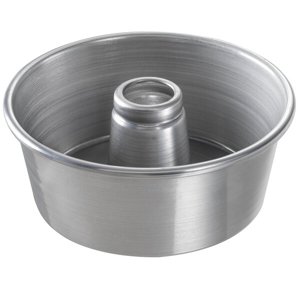 A close-up of a Chicago Metallic aluminum angel food cake pan with a ring.