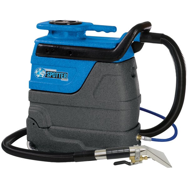 A blue and black Sandia 2-Stage Heated Spot Extractor with a hose and upholstery tool.