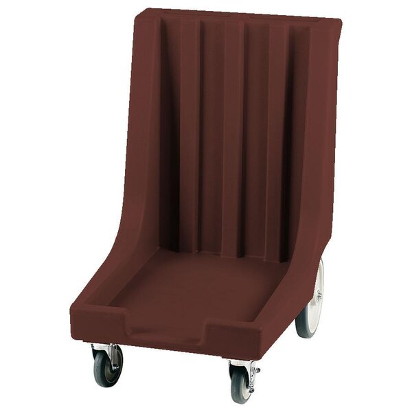 A dark brown plastic cart with wheels.