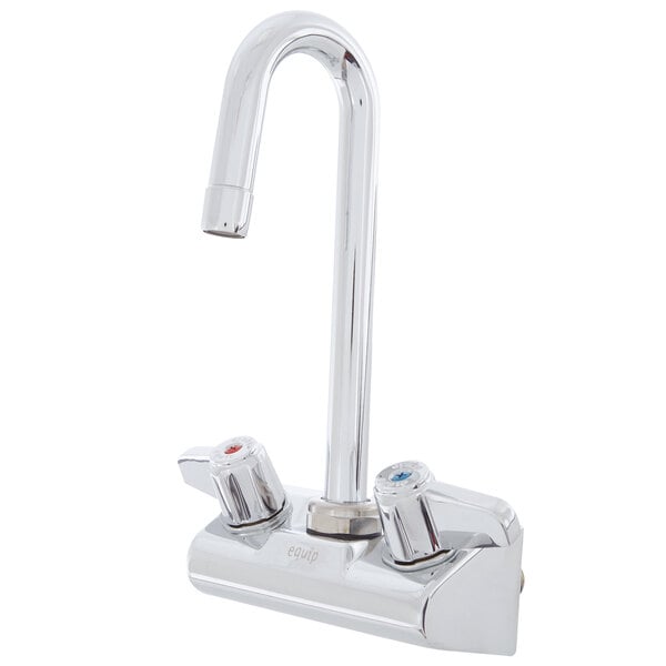 A chrome Equip by T&S wall mounted faucet with gooseneck spout and lever handles.