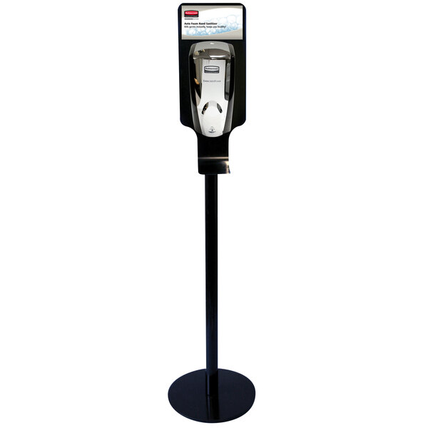 A black Rubbermaid hand sanitizer station stand.
