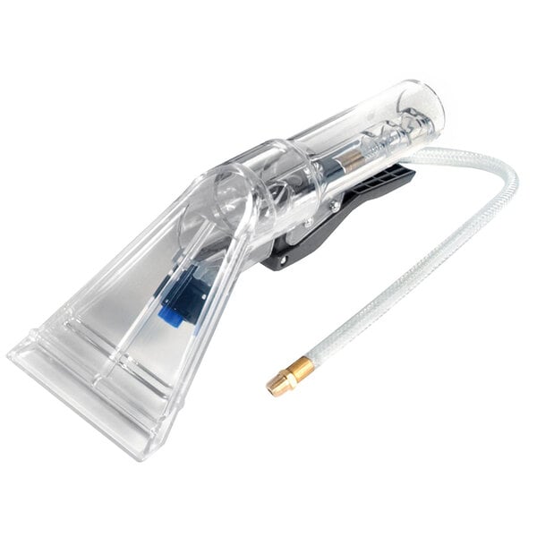 A clear plastic Sandia upholstery tool attachment for a vacuum cleaner hose.