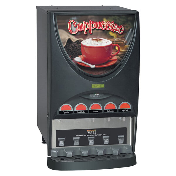 A Bunn iMix-5 cappuccino machine with a red cup of coffee.