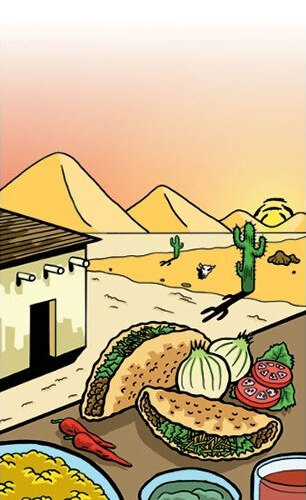 Southwest themed menu paper with a cartoon illustration of a desert scene with tacos and vegetables.