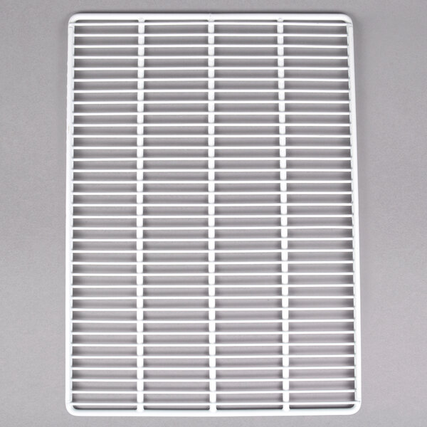 A white plastic-coated wire shelf with a grid pattern.