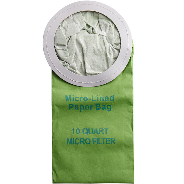 A green ProTeam micro lined paper vacuum bag with a white circle in it.