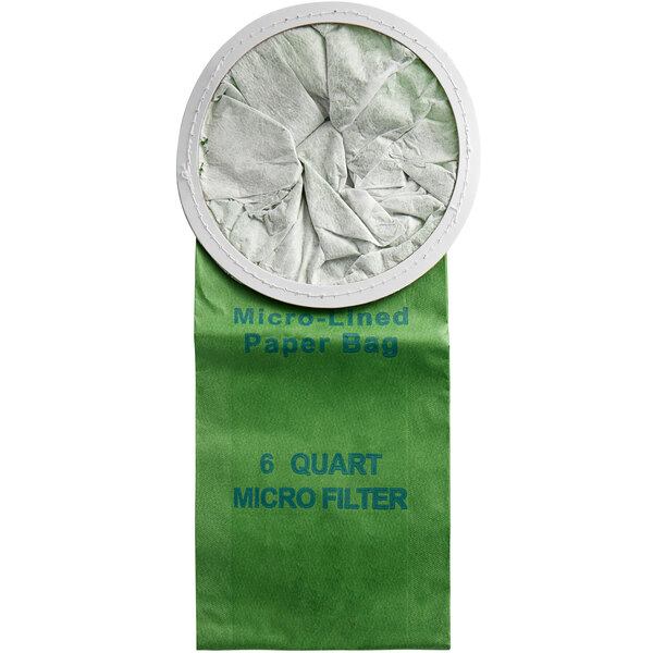 A green ProTeam vacuum bag with a round white filter.