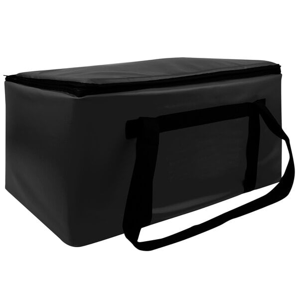 A black Sterno food pan carrier bag with a strap.