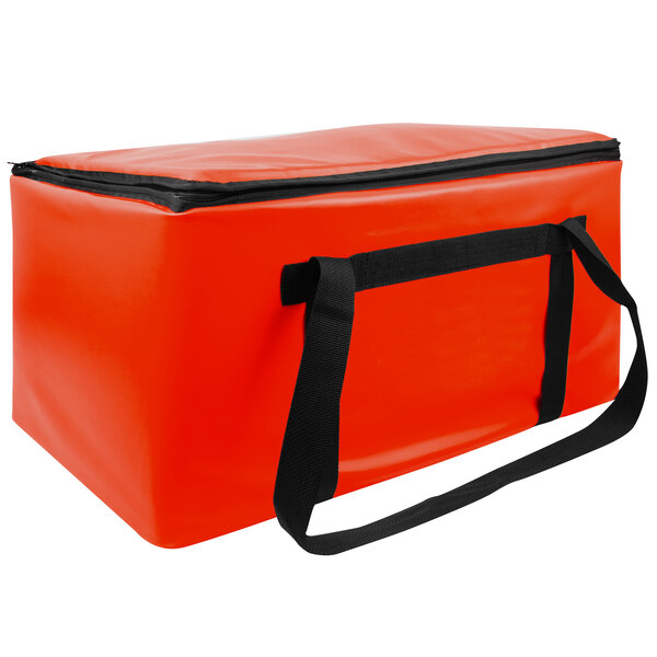 A red Sterno food pan carrier with black straps.
