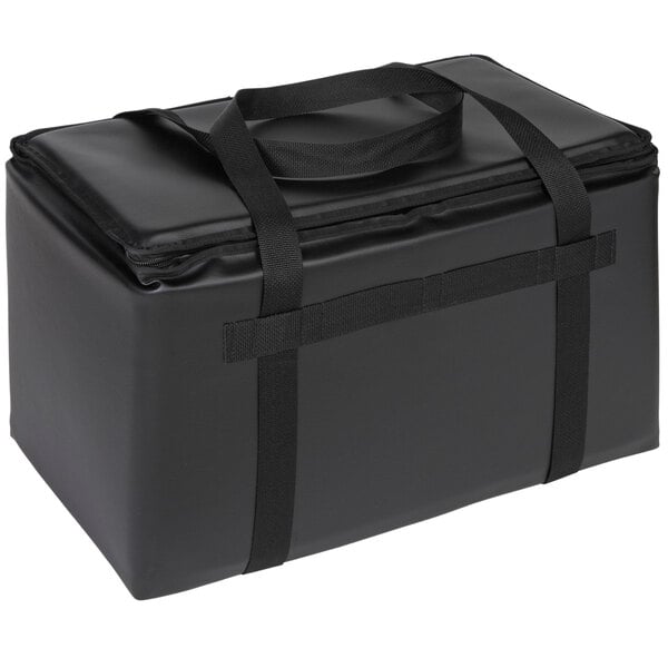A black Sterno insulated food carrier with a handle.