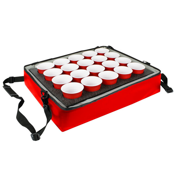 A red Sterno insulated drink holder with cups inside.