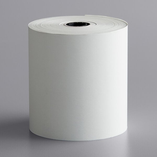 A case of white Point Plus thermal cash register paper rolls with a hole in the middle.