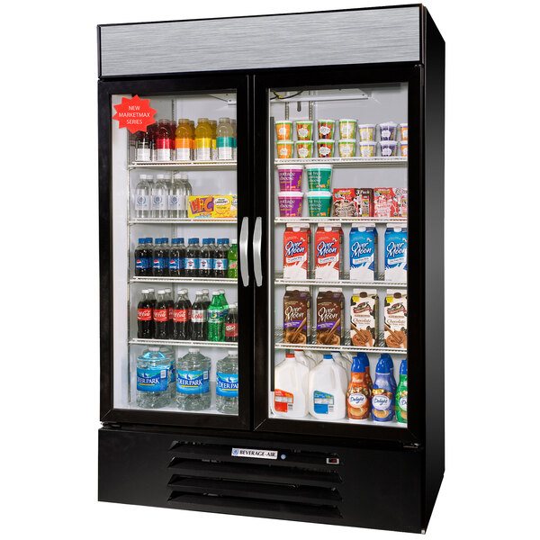 A Beverage-Air black glass door merchandiser refrigerator filled with drinks.