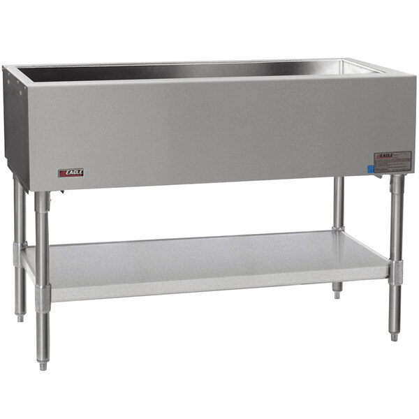 An Eagle Group stainless steel ice-cooled cold food table with an open base.