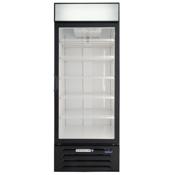 A black refrigerator with glass doors and shelves.