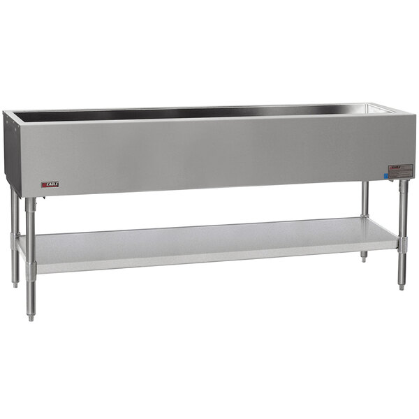 A rectangular Eagle cold food table with a stainless steel base on a counter.