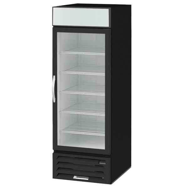 A black Beverage-Air glass door merchandising freezer.