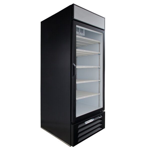A black Beverage-Air marketmax glass door refrigerator with shelves.