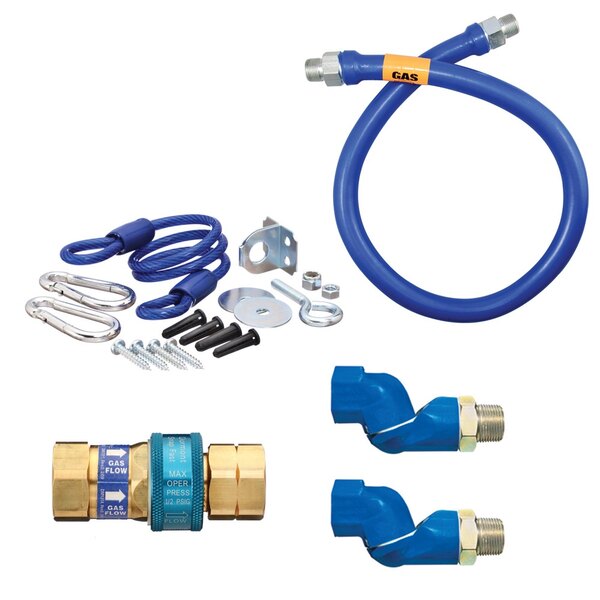 A blue Dormont gas connector kit with hose and swivel fittings.
