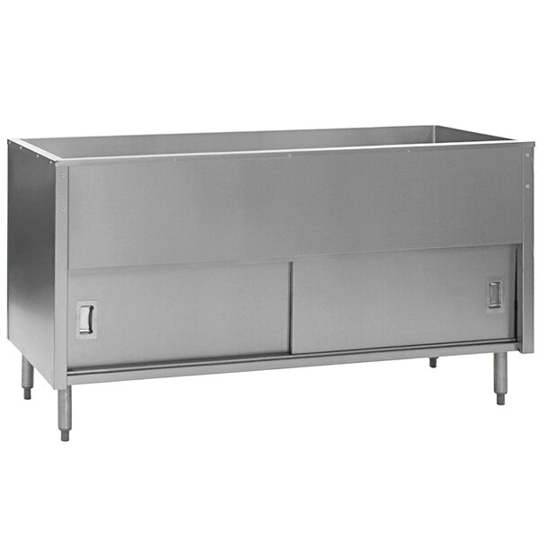 An Eagle Group silver metal cabinet with sliding doors on a counter.