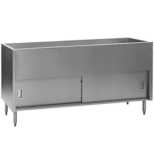 An Eagle Group stainless steel cold food table with enclosed sliding doors.