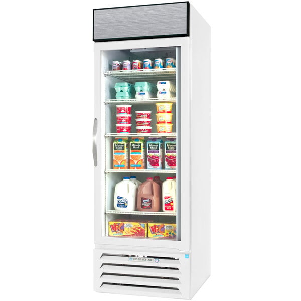 A Beverage-Air white glass door refrigerator with stainless steel interior.